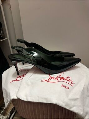 Christian Louboutin Black Patent Slingback Pointed Pumps with Red Soles